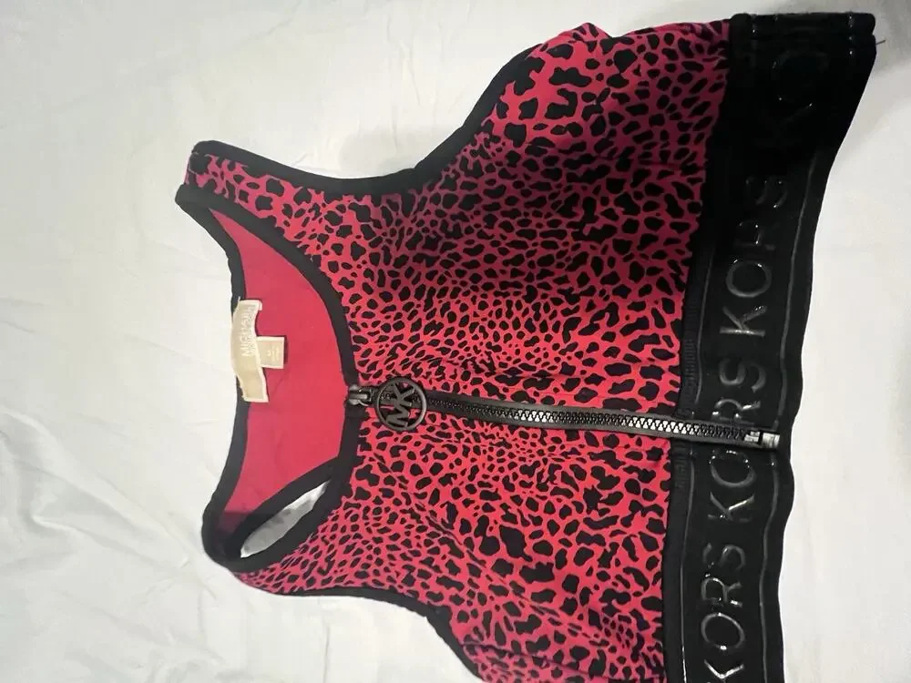 Michael Michael Kors Zip Front Racerback Animal Print Sports Bra Red Black M